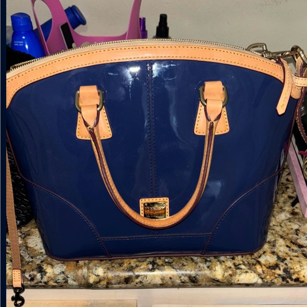 Dooney & Bourke Blue and Tan Satchel with Gold Hardware